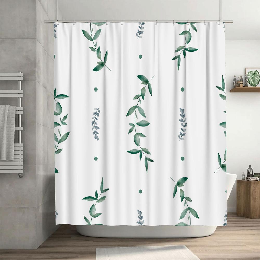 Green Leaf Shower Curtain With Watercolor Design Waterproof Fabric For Bathroom Decor (White)