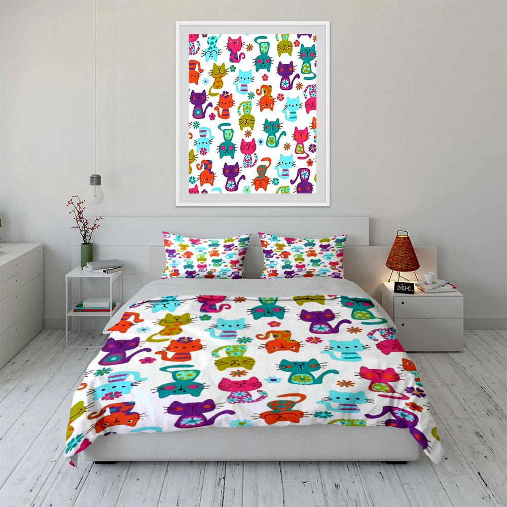 Rainbow Patchwork Cat Bedding Set Folk Floral Abstract Kitty Print Duvet Cover 2 Pillowcases Single Double King Queen Gift