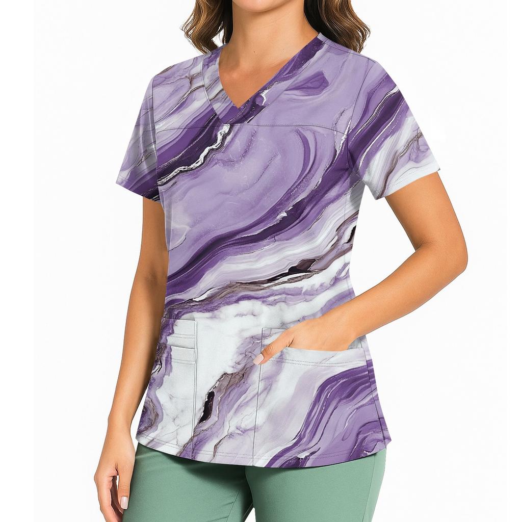 Kvinners avslappet trykket V-hals lomme sideslisse kortarmet topp kortarmet topp