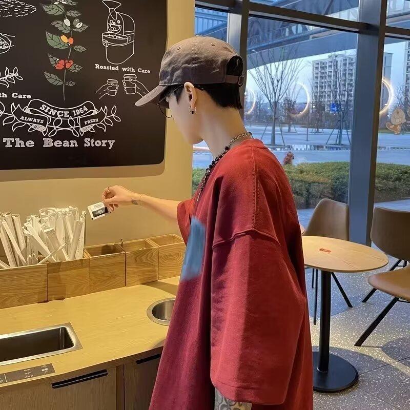 

Мужская модная футболка с круглым вырезом и короткими рукавами с принтом для лета, свободный повседневный топ 5XL вино красного