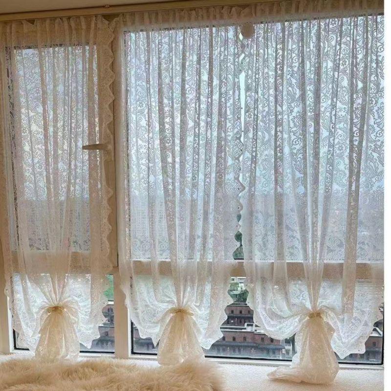 Velcro Rococo Gauze No-Punch Curtain: Light-Filtering, Sun-Protective, Non-See-Through for Bay Windows/Bedroom/Balcony.