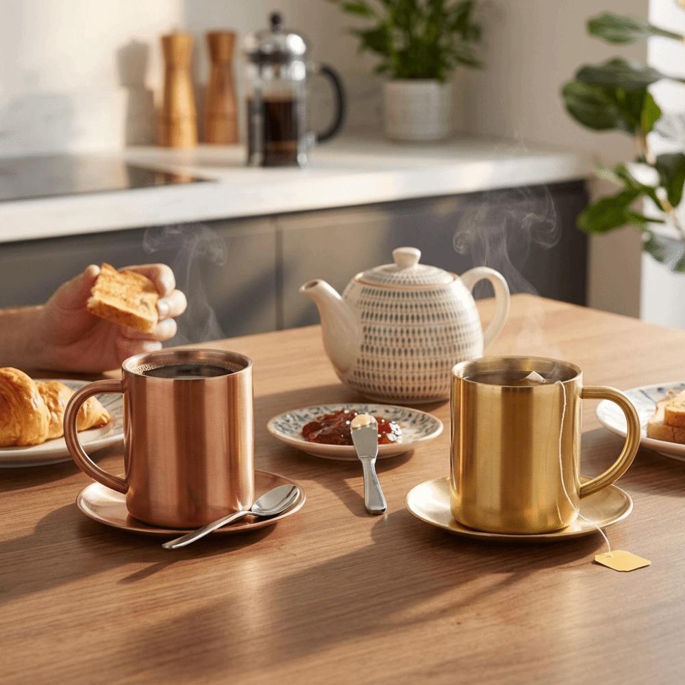 Double Layer Tea Cup Rustless Steel Beverage Vessel Easy To Wash Wall Mug Coffee Bar золотой