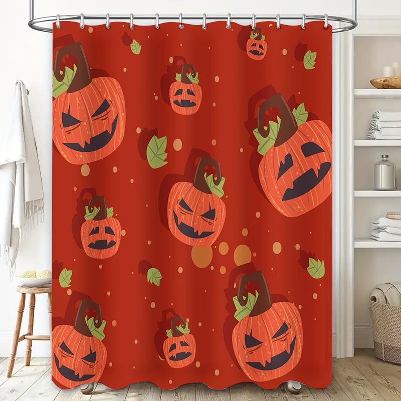Spooky Halloween Pumpkin Shower Curtain Set for Bathrooms Decorative Fall Bathroom Liner with Red and Green Leaves Pattern