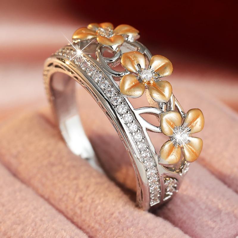 Vintage Inlaid White CZ Flower Women's Ring Trendy Two Color Geometry Daily Wear Party Jewelry Anniversary Gift
