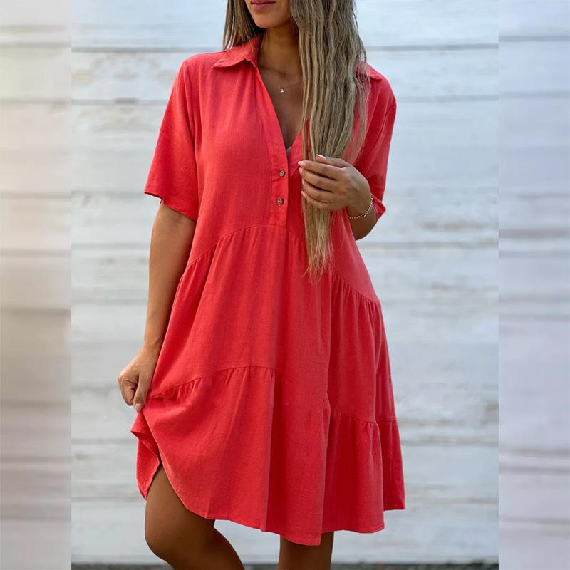 

Women s Lapel Collar Linen Short Sleeve Dress Relaxed Fit Solid Color Casual Summer Midi S красный