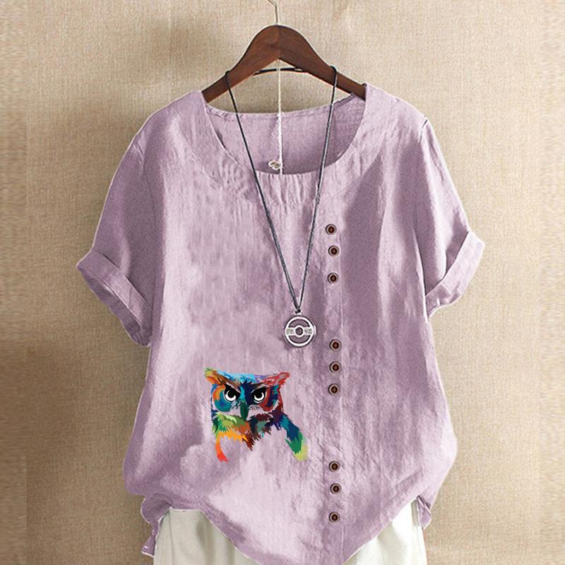 Women's Fashion Round Neck Short Sleeve T-shirt Casual Cotton Linen Graphic Shirt Leisure Owl Prined Summer Blouse Tops