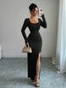 European and American Spring New U-neck Solid Color Slim-fitting and Thin Knitted Long-sleeved Split-ended Dress