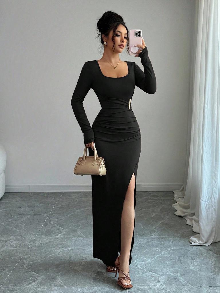 European and American Spring New U-neck Solid Color Slim-fitting and Thin Knitted Long-sleeved Split-ended Dress