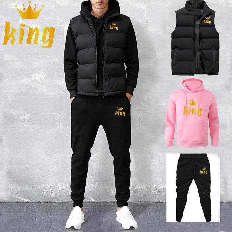 Men Women Spring and Autumn Solid Color Printed Hoodie 3 Piece Set Couple Hoodie + Vest + Pants Sportswear Set