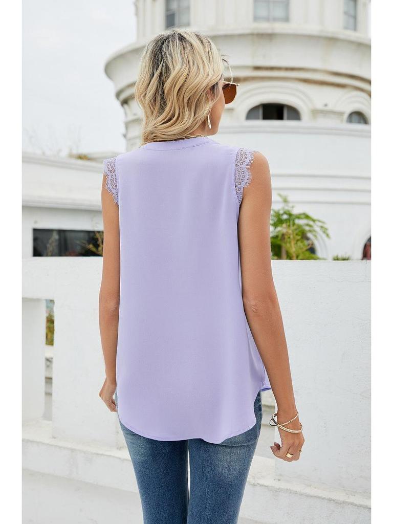 European & American Women's Fashion: Spring/Summer Solid Color V-Neck Sleeveless Shirt with Lace Trim