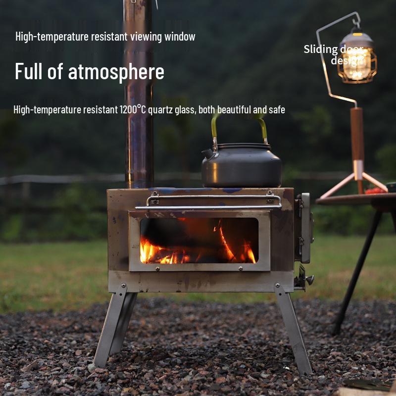 Portable Windproof Outdoor Stainless Steel Wood and Charcoal Camping Stove with Glass Heater and Grill