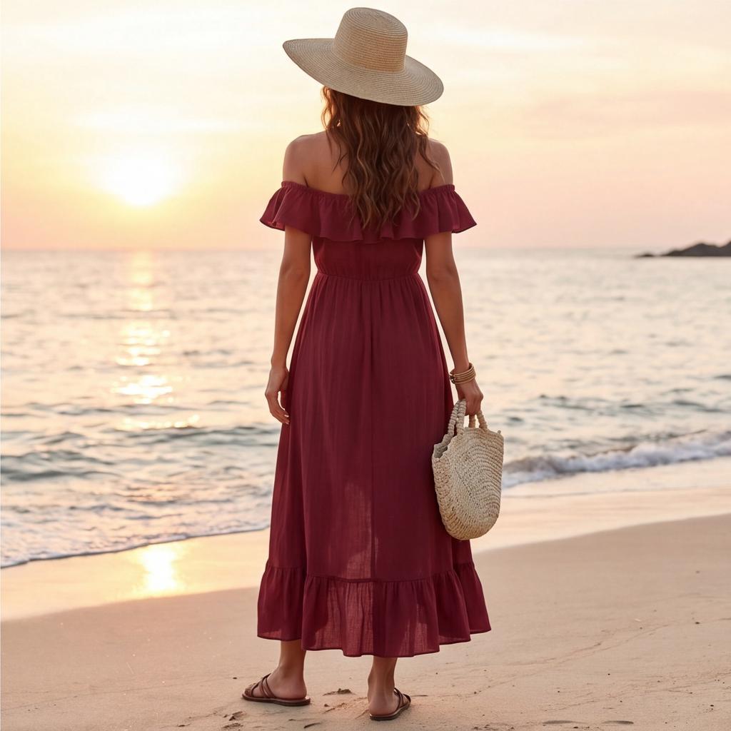 Modisches Sexys Rüschen-Einschulter-Kleid für Damen, temperamentvoll, für den Urlaub, locker