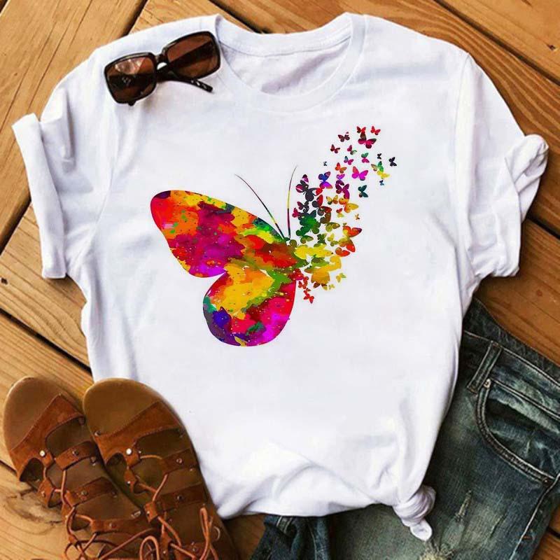 Summer Butterfly Print Plus Size Loose Round Neck Pure Cotton Short Sleeved Top T-Shirts Women’s Tees