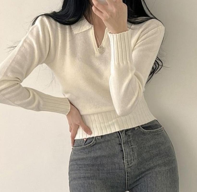 V-Ausschnitt POLO Strick Basic Shirt für Damen Herbst und Winter Schlankmachend Kurz mit Top-Design Gefühl Pullover Trend