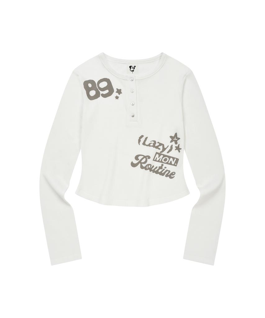 LMR Lettering Graphic Waffle Henley Neck Long Sleeve T-Shirt Ivory