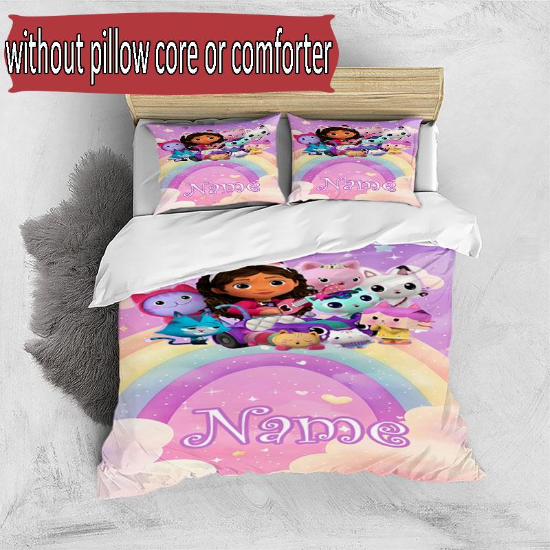 3pcs Duvet Cover Set (1*Duvet Cover + 2*Pillowcase, Without Core), Custom Name Gabby's Dollhouse Pattern Bedding Set, Home Bedroom Decor Gift