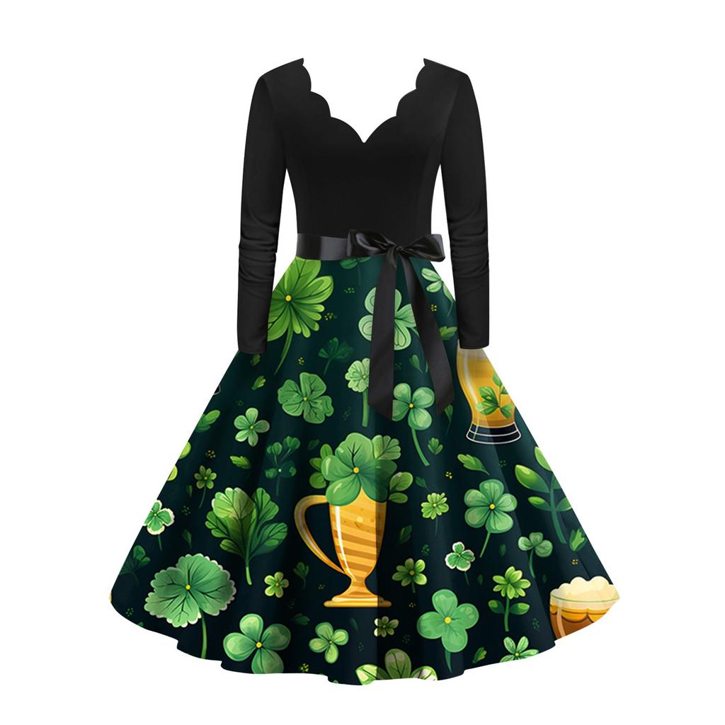 Women's Vintage Classic Dress Long Sleeve  Print Round Neck Swing Dress