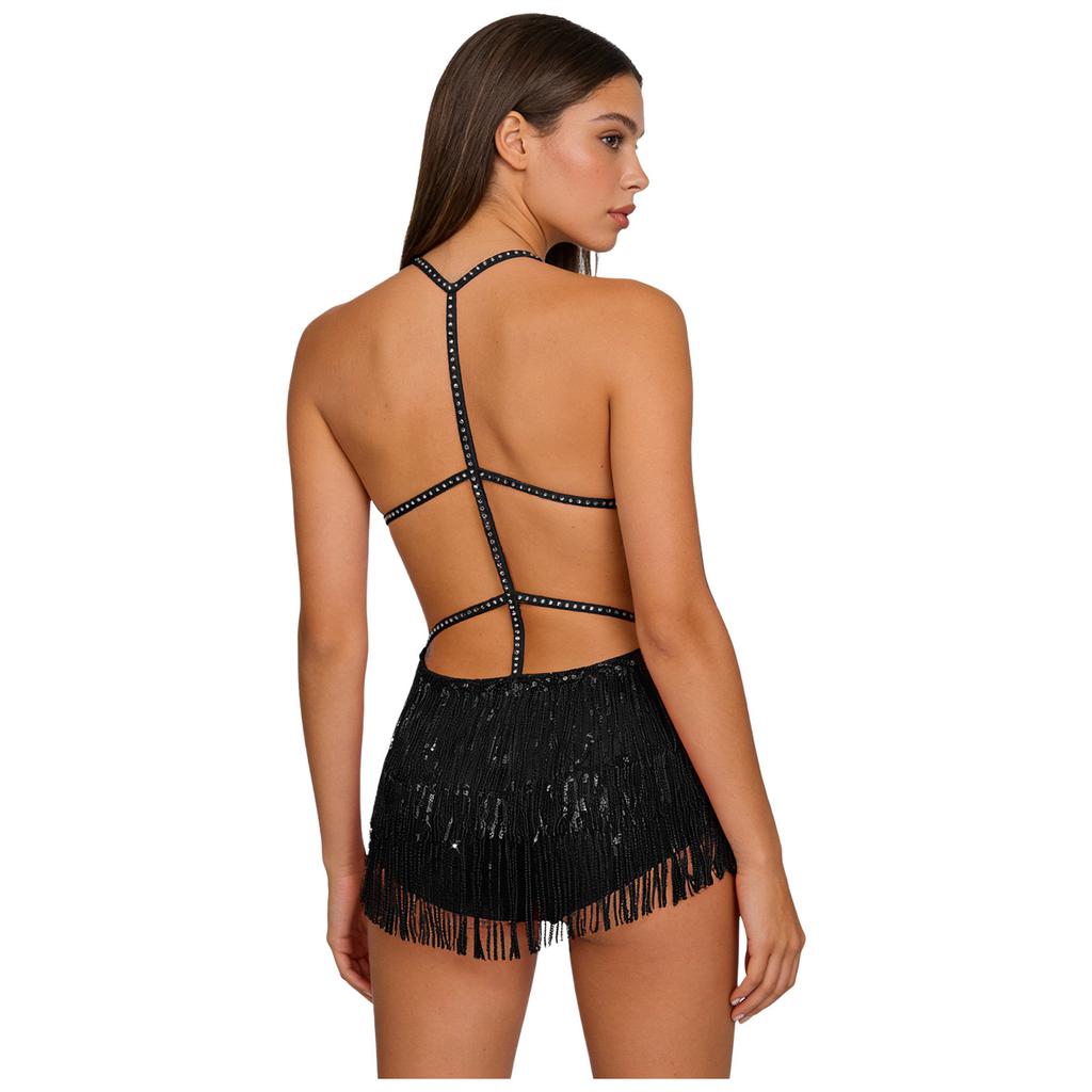 Damen Bauchtanz Bodysuit mit Fransen Pailletten Quasten Ausgeschnitten Rückenfrei Glänzend Jumpsuit