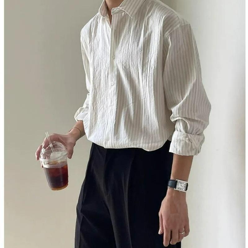 Heren Vintage Mode Japanse Stijl Gestreept Business Casual Overhemd Lente Zomer Revers Lange Mouw Losse Tops Camisas De Hombre