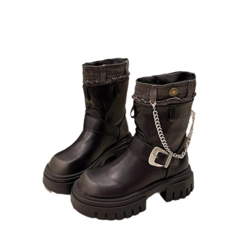 Plateau-Stiefel Damen neue Herbst- und Winterstiefel im britischen Stil mit dickem Absatz Ritter-Stiefeletten schlanke Westernstiefel C1075