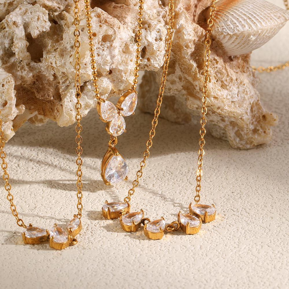 European and American Trendy Niche Design Exquisite Pendant Stainless Steel Plated 18K Gold Waterdrop Various Zircon Necklace