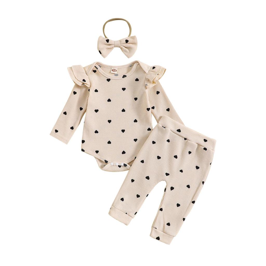 Girls' Heart Print Waffle Romper Set: Long Sleeve Romper, Long Pants & Headband.