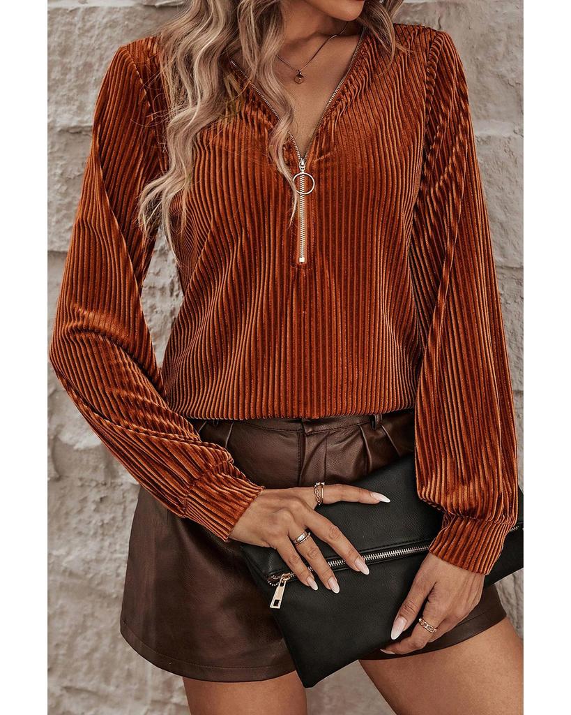 Azura Exchange Chestnut Half Zip V Neck Ribbed Velvet Top