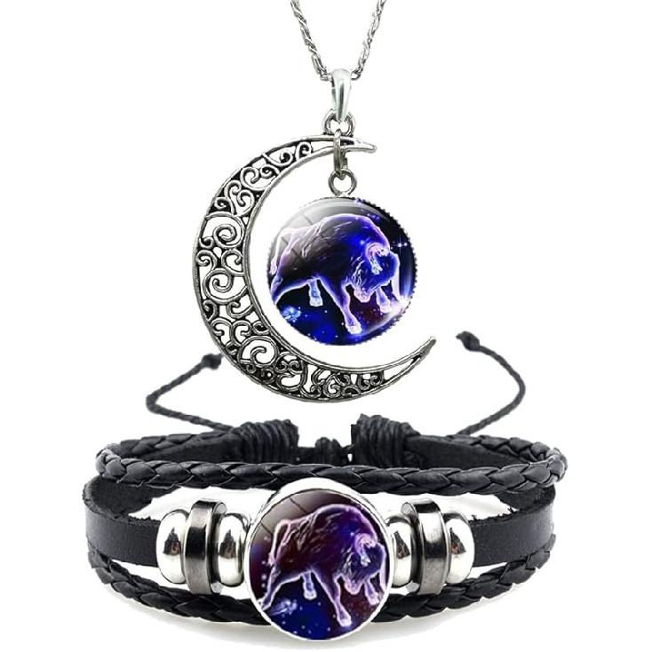 12 Zodiac Constellation Necklace Bracelet Time Gemstone Horoscope Astrology Moon Crescent Necklace for Women Men Birthday Gift Jewelry