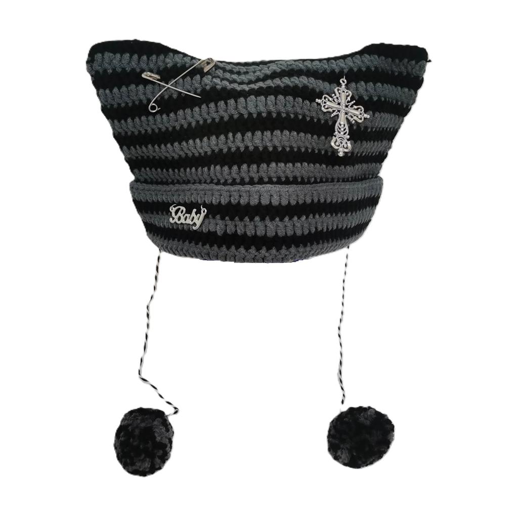 Teufelsgestreifte Strickmütze mit süßen Katzenohren und Kreuzverzierung für Frauen und Mädchen(54-56cm)