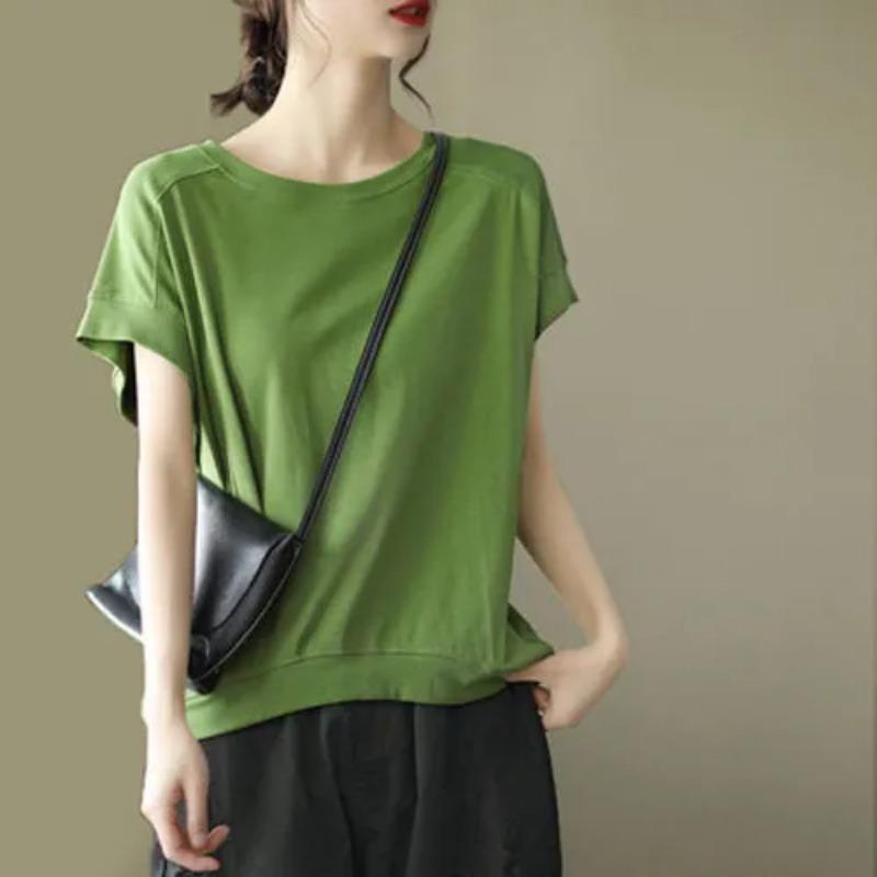 Camiseta para Mujer de Algodón de Verano Casual Talla Grande Holgada Cuello Redondo Pullover Tops de Manga Corta