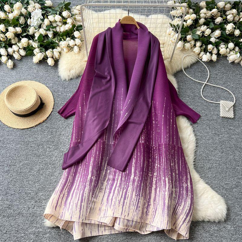 

Sanzhai Pleat Plus size Loose Outerwear Women High end Elegant Mid-Length Fashionable Gradient Color Print Pleat Dress Dark purple All yards