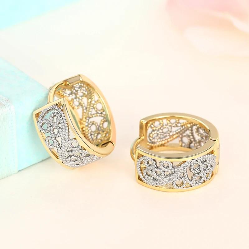 Huitan Noble Exquisite Hoop Earrings Two-tone Hollow Pattern Versatile Daily Party Zircon Women Elegant Engagement Accessories