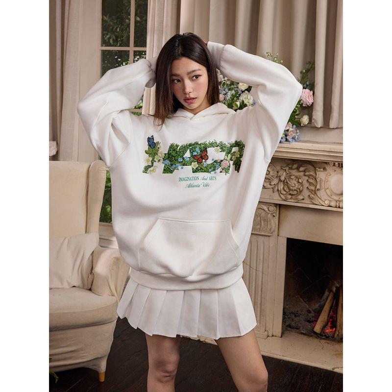 HACR Plant Harshandcruel Green Plant Embroider Florals Butterfly Couple Loose Fleece Hooded Sweater