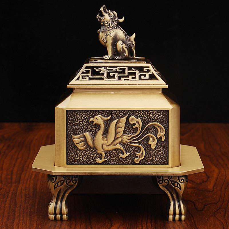 Brass Incense Chinese Style Home Office Aromatherapy Burner Vintage Antique Four Divine Beasts Square Metal Craft