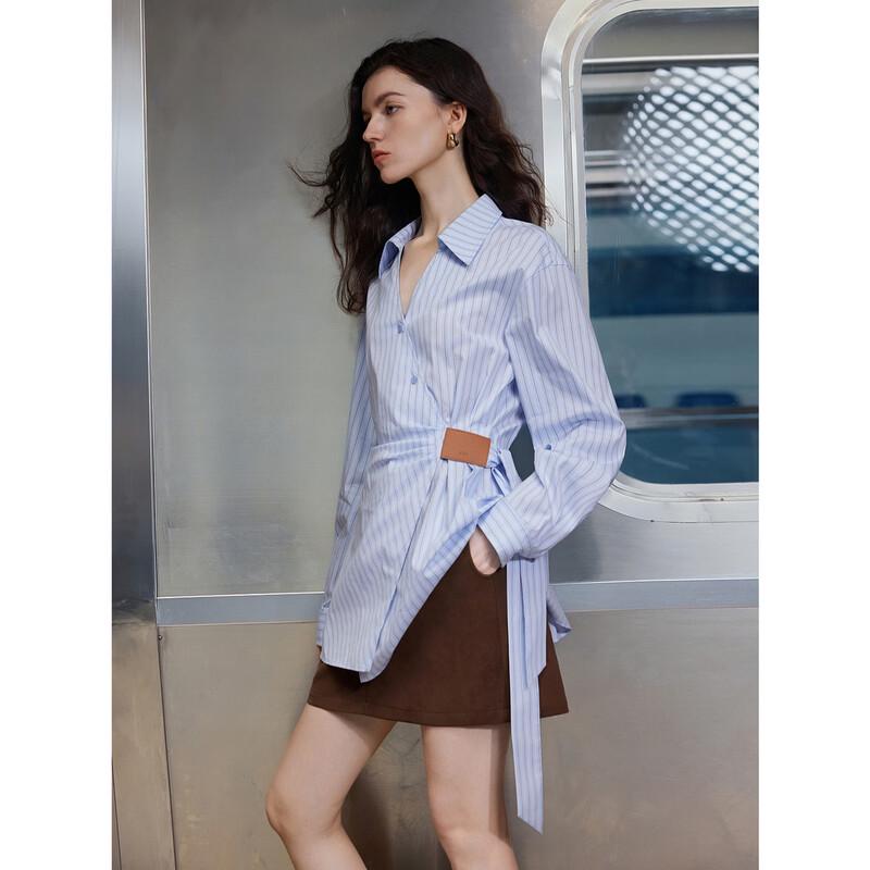 ELLE Women s Loose Striped Irregular Hem Shirt S