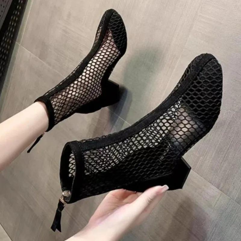 fashion 2024 New Mesh Women Boots Sandals Shoes Summer Ankle Boots Chunky Middle Heels Sexy Sandal Chelsea Boots Female Black Sandales