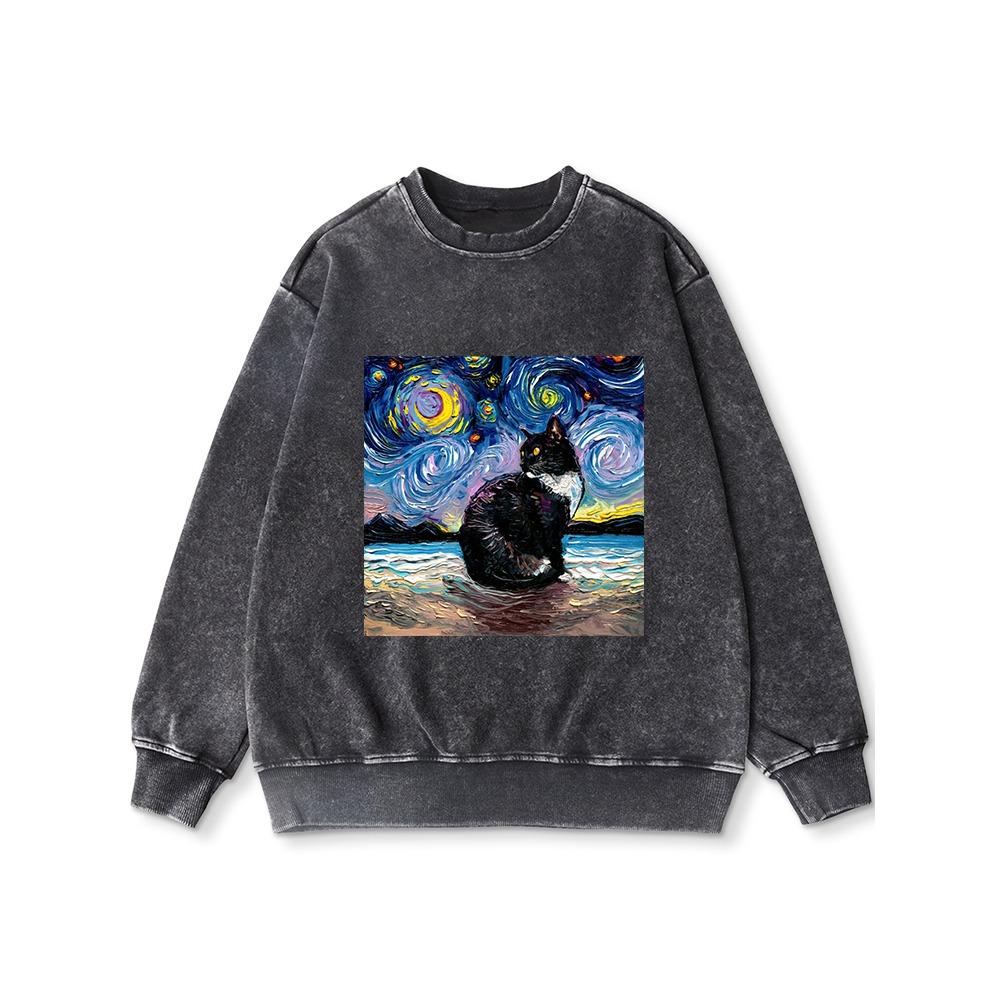 

Красивое женское худи с принтом звездных кошек, состаренное, осеннее, с круглым вырезом, оверсайз, из тонкого хлопка, свитшот 3XL