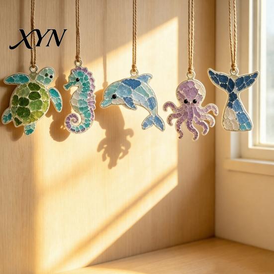 Mini Stained Glass Decoration Sea Suncatcher Ornament, Handmade Animal Ocean Acrylic Hanging Pendants, Garden Window Decor DIY Summer Ornament Decor,