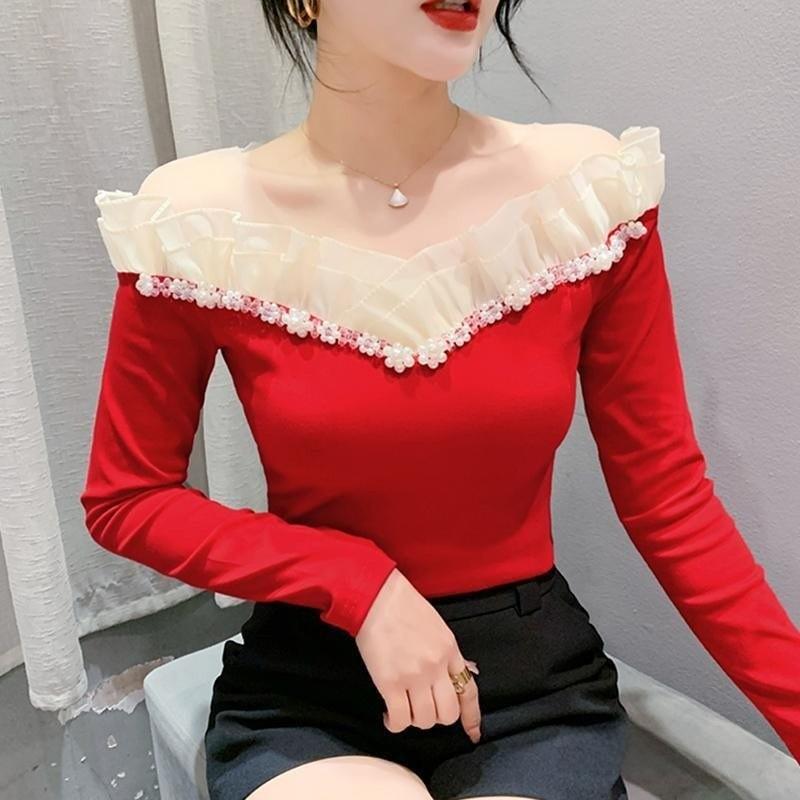 Fabric Long Sleeve Off Shoulder Top For Elegant Office Wear