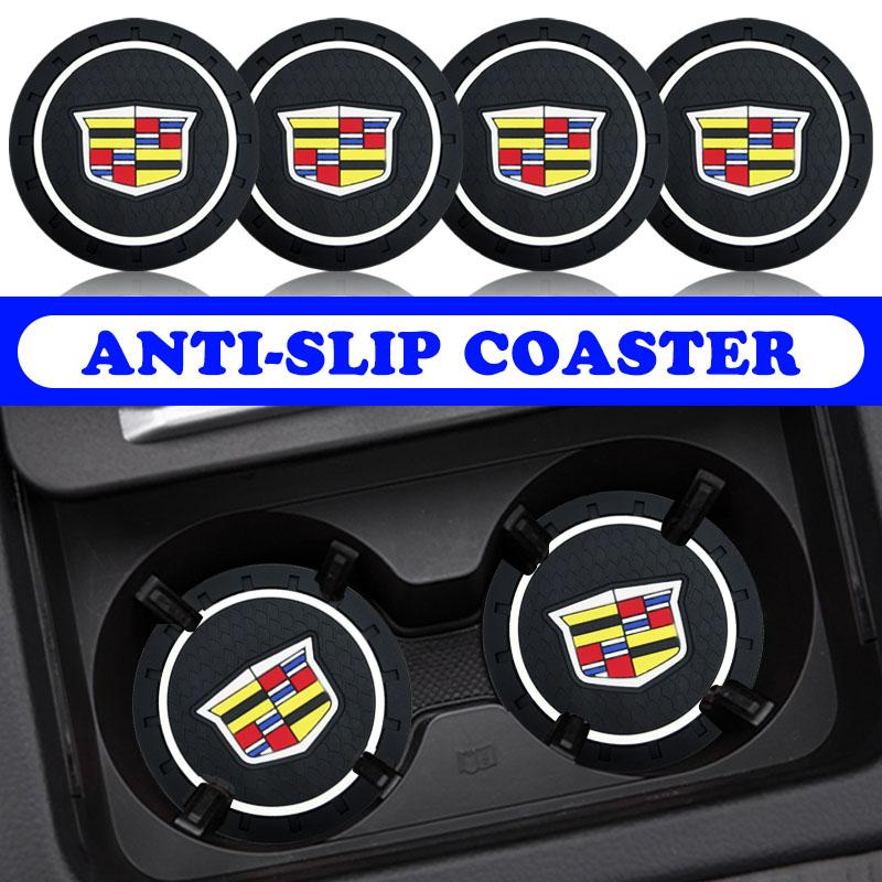 Car Stickers Coasters Silicone Water Cup Pads Non-Slip Mats Universal For Cadillac Escalade Tiburon Deville Seville XT5 XTS CTS BLS SLS DTS SRX Metal