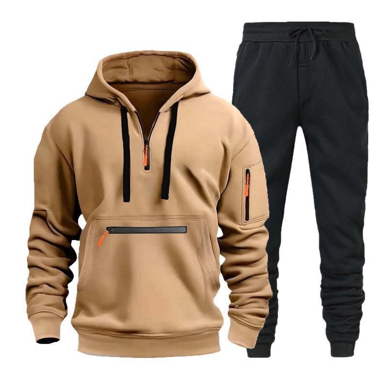 Mens Hooded Zipper Sportswear Set With Multiple Pockets Casual Tracksuit Running Gym