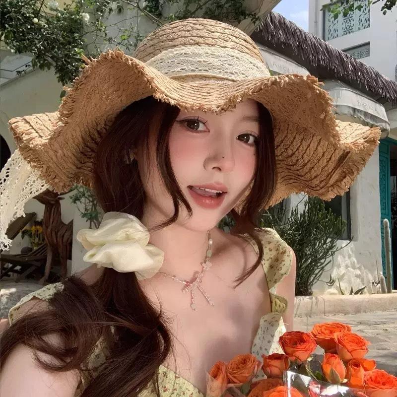 Straw hat ins lace-up hollow straw hat women's summer travel sun protection beach seaside sun hat lace edge sun hat