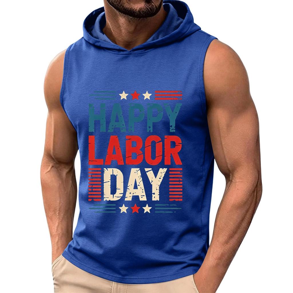 Men Sleeveless Hoodie Tank Top Casual Muscle Fit Athletic Shirt Summer Workout Gym Apparel with Labor Day Print