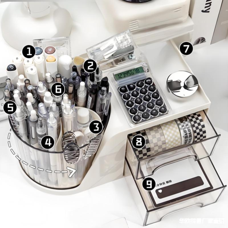 2-In-1 Rotating Pen Holder Rotating Desktop Organizer Storage Box With Drawer Plastic Pen Holder Cosmetic Storage Box