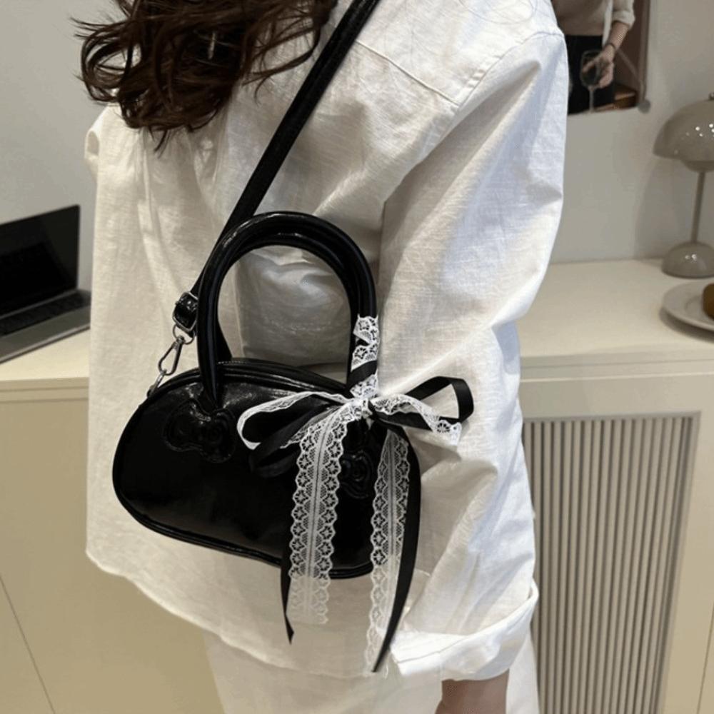 Fashion Korean Bow Crossbody Bag Y2k Leisure Lace Ribbons Boston Bag Pu Leather Sweet Commute Handbag Spring And Summer