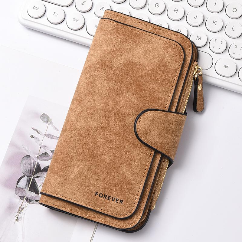 

Классический женский кошелек 4-сложения из нубука с зажимом для денег, большой вместимости, женский длинный кошелек из ПУ кожи, клатч, держатель для карт светло-коричневого