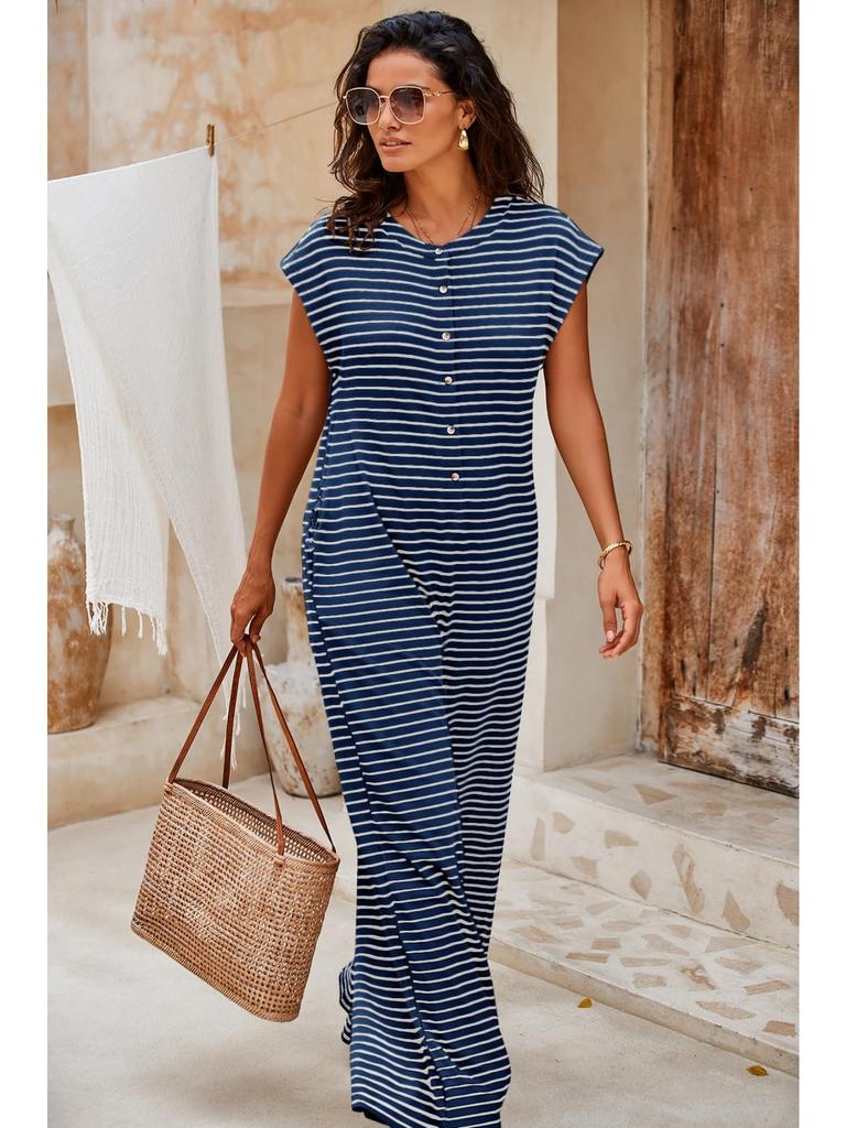 Women's Striped Wide Leg Jumpsuit Cap Sleeve Crew Neck Button Down Waffle Knit Summer Outfit