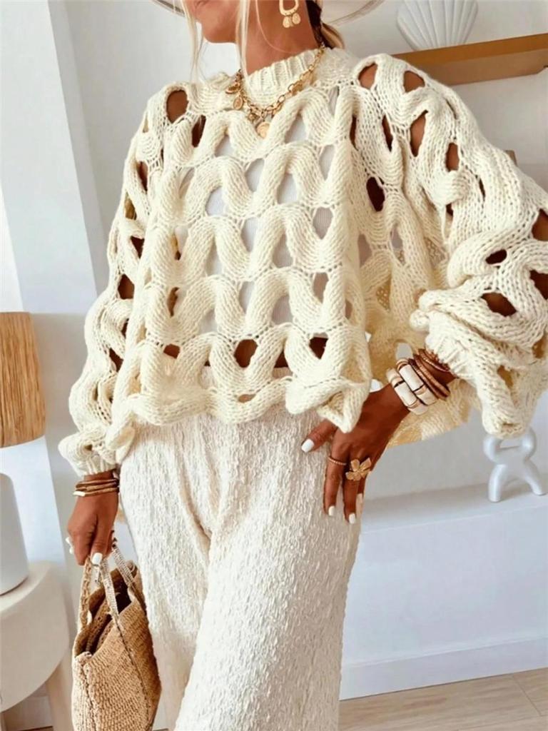 Damen Lässiger Lochstrick-Pullover Cardigan Langarm