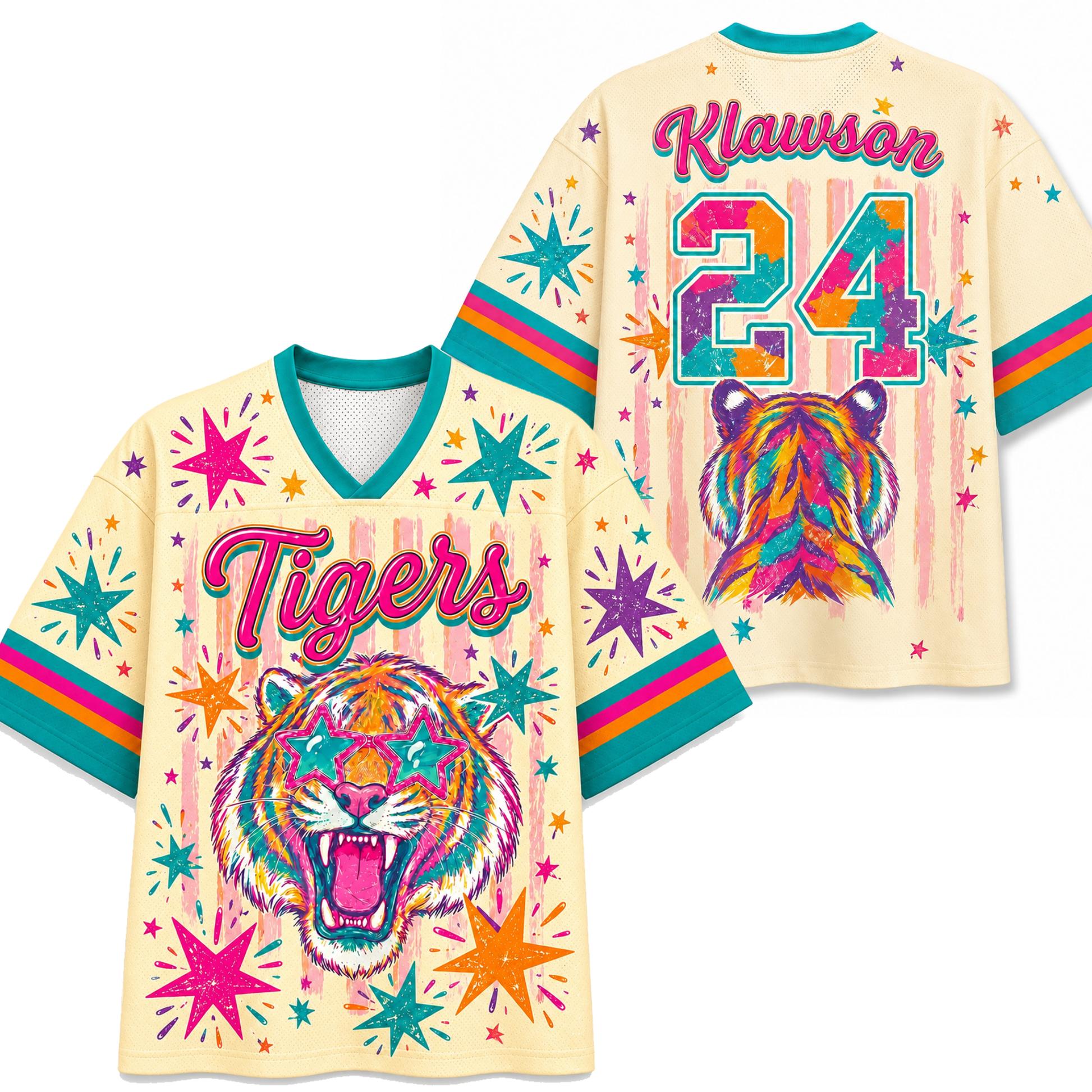 Women Colorful Tiger Star Print Cropped Jersey V Neck Striped Cuff Retro Striped Short Sleeve Mesh Streetwear Cropped Sports Top S
