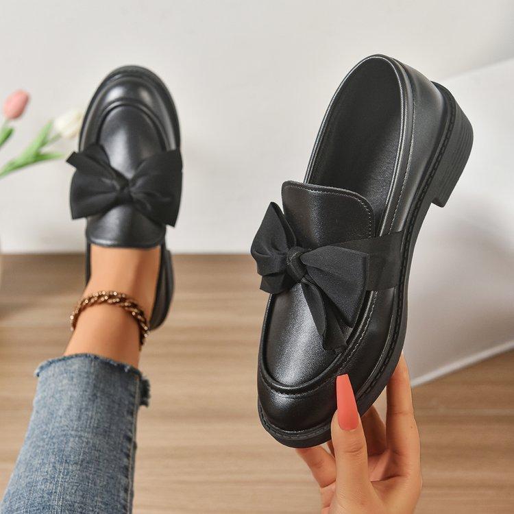 Women's Patent Leather Bow Loafers Round Toe Low Block Heel Slip-On Casual Oxford Shoes